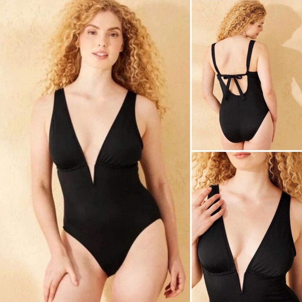 NWT Deep V-Plunge One Piece Swimsuit M 8-10 Tummy Control Full Seat Cover Black